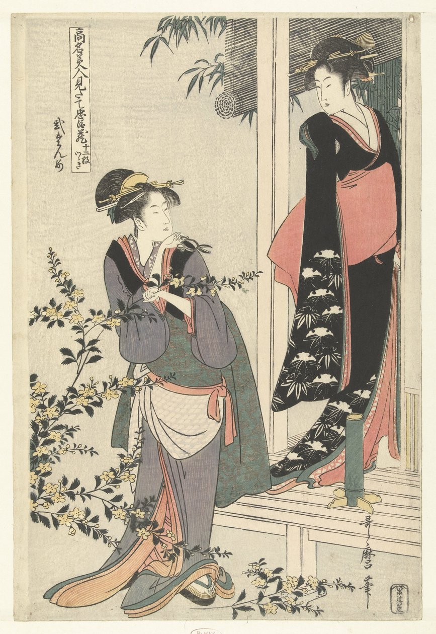 To kvinder ved en blomstrende yamabuki-busk: anden akt. Nidanme (titel på objekt) Parodi på Chushingura af berømte skønheder. (serietitel) Komei bijin mitate Chushingura (serietitel på objekt) af Kitagawa Utamaro