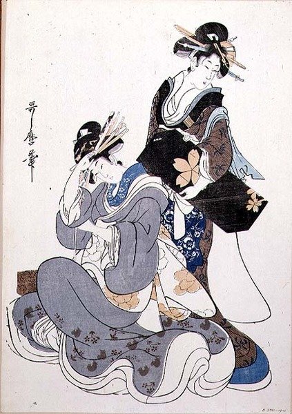 To kvindefigurer (træbloktryk i farver af Kitagawa Utamaro