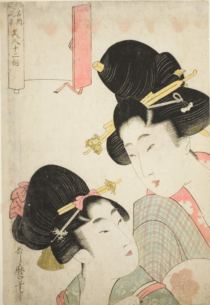 To piger, fra serien "Twelve Physiognomies of Beautiful Women Representing Views of Famous Places (Meisho fukei bijin juni so)" af Kitagawa Utamaro