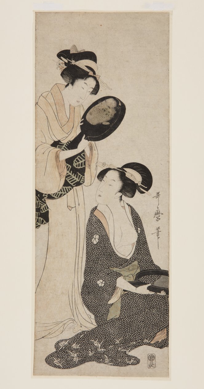 To damer, hver med en del af et lakeret spejl (farvet træbloktryk) af Kitagawa Utamaro