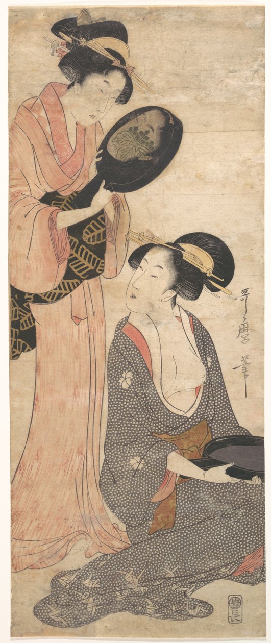 To damer, hver med en del af et lakeret spejl af Kitagawa Utamaro