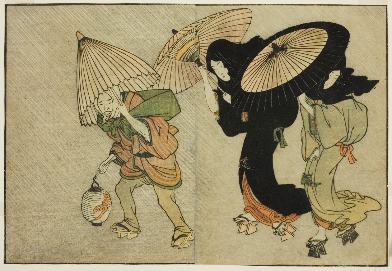 To kvinder og ledsager fanget i en storm, fra den illustrerede bog "Picture Book: Flowers of the Four Seasons (Ehon shiki no hana)," vol. 2 af Kitagawa Utamaro