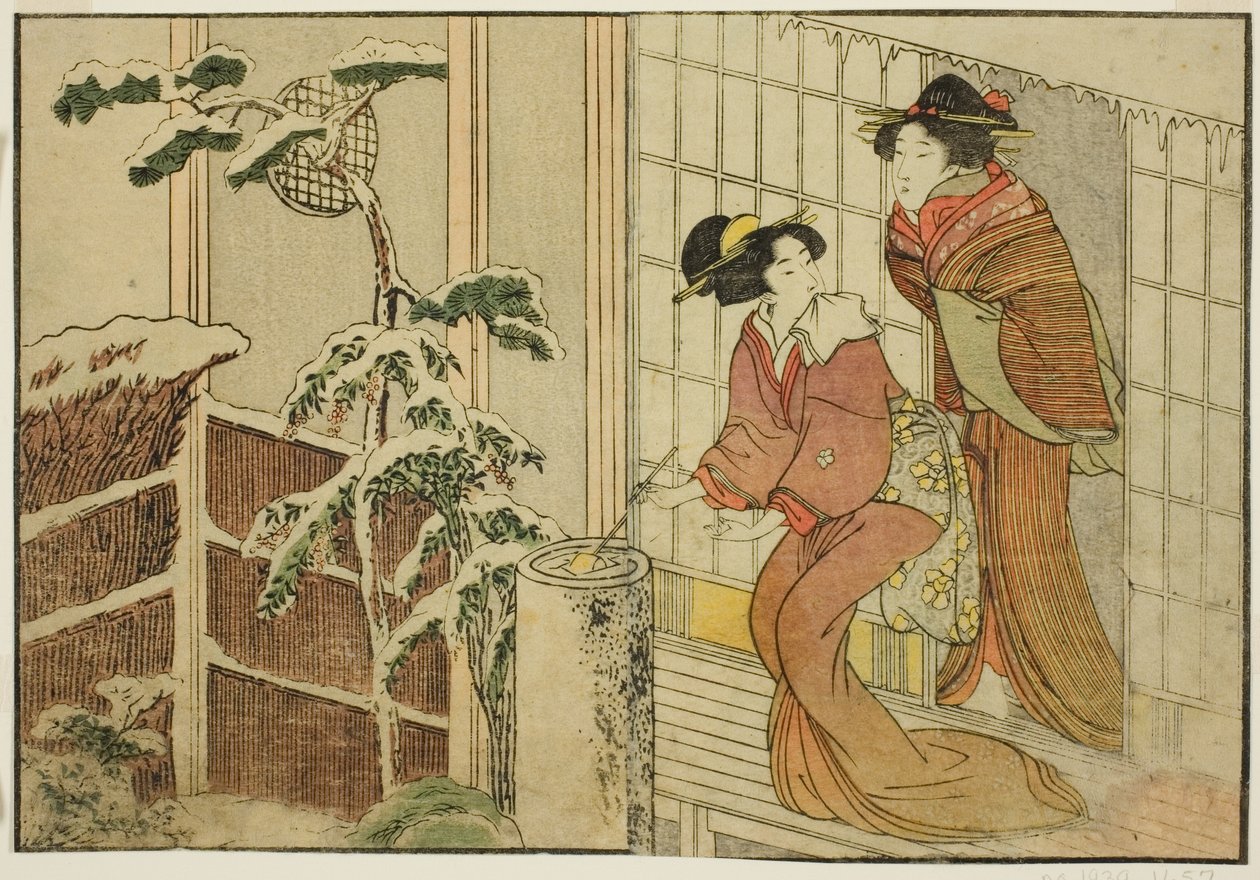 Two Women on Verandah on a Snowy Morning, fra den illustrerede bog "Picture Book: Flowers of the Four Seasons (Ehon shiki no hana)," vol. 2 af Kitagawa Utamaro