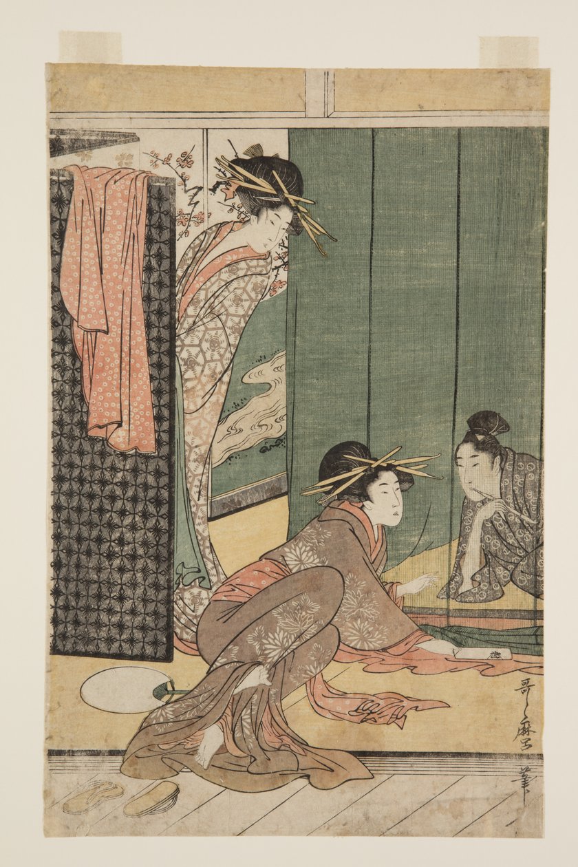 To kurtisaner og en ung mand under et myggenet (træbloktryk i farver) af Kitagawa Utamaro