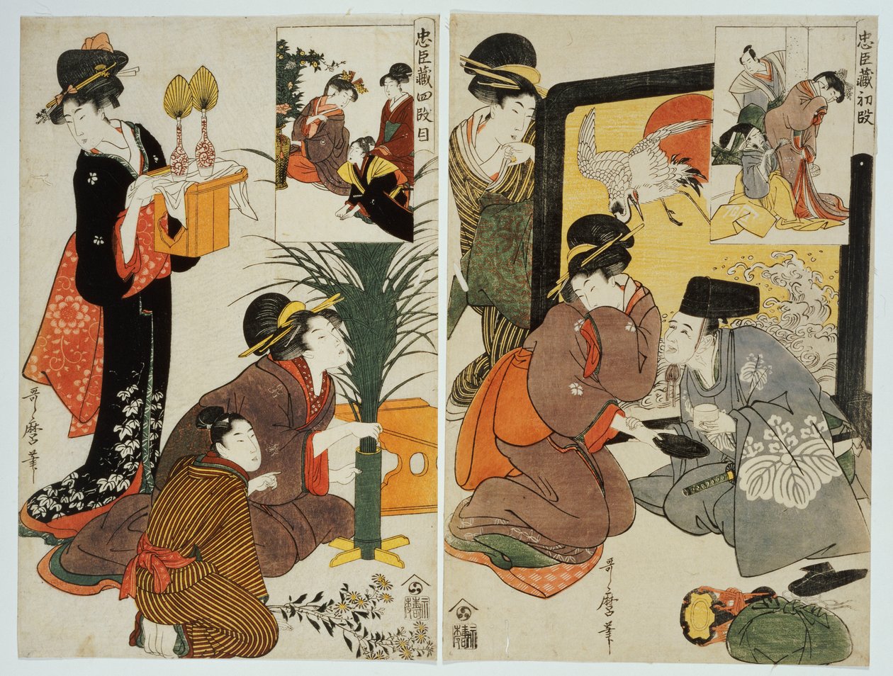 To scener fra serien "Loyal League", der skildrer hverdagen i en husstand fra Edo-perioden af Kitagawa Utamaro