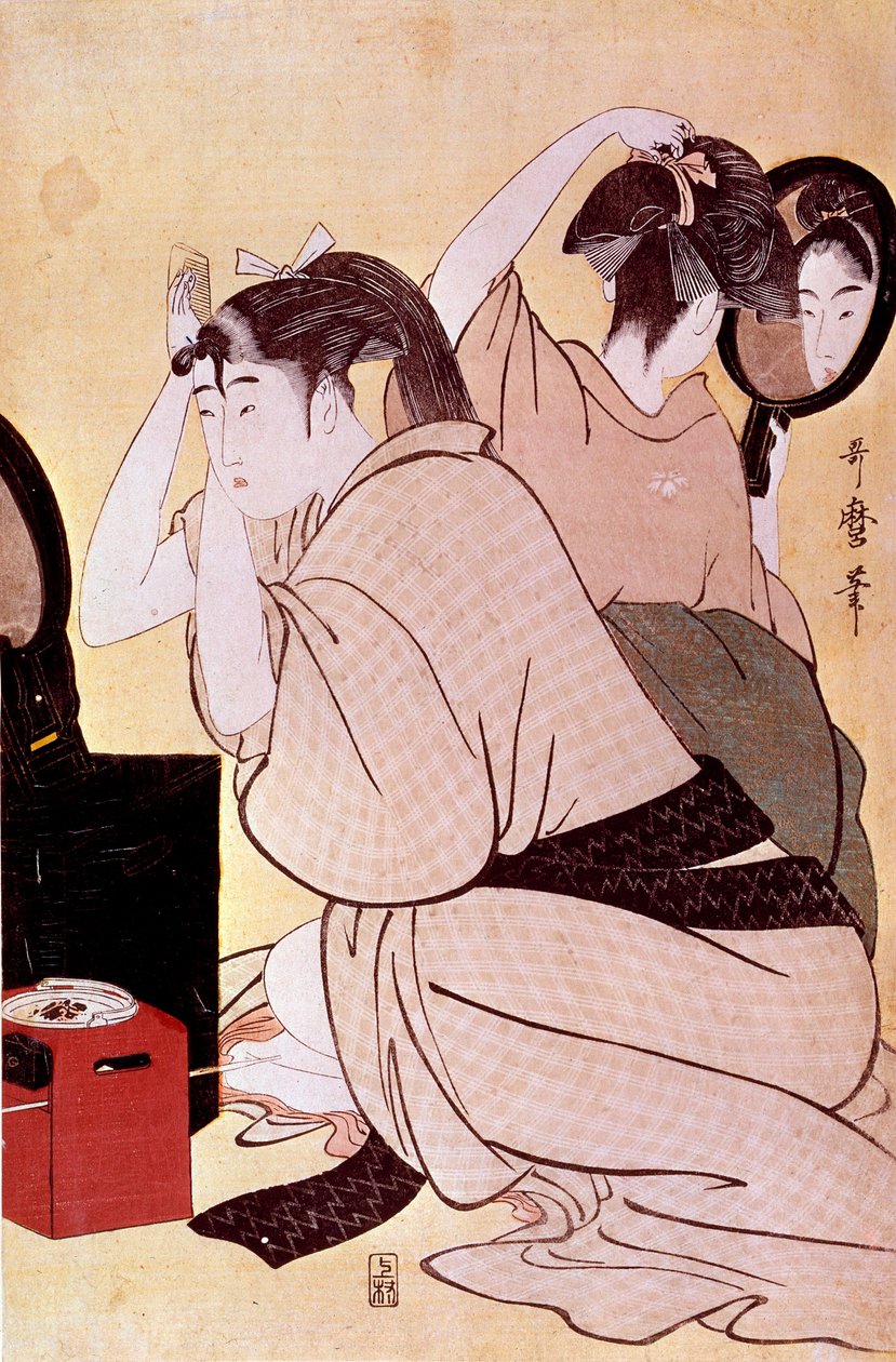 To kvinder har deres frisurer: den ene ser på sig selv på miroien, mens den anden kammer japansk print af Utamaro Kitagawa (1753-1806). Sol. 0,38x0,25 m. 1794-1795. Paris, Guimet-museet, Nationalmuseet for asiatisk kunst af Kitagawa Utamaro