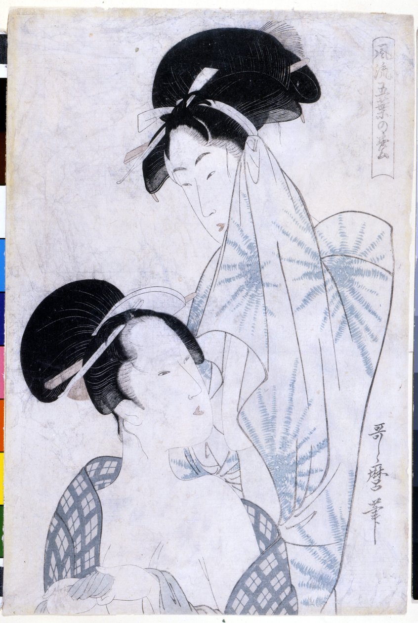 To kvinder forlader badet. 1800. Kunstværk af Utamaro KITAGAWA (1753-1806). af Kitagawa Utamaro