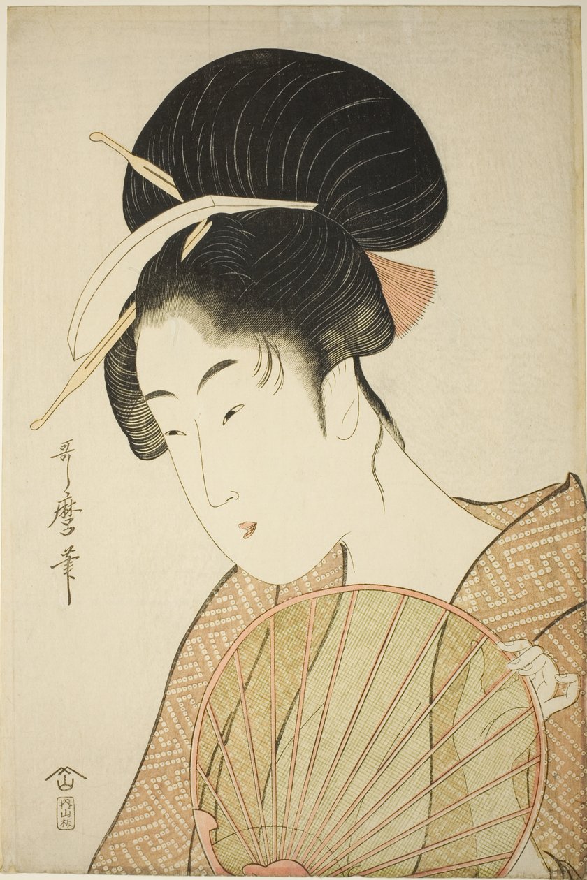 Kvinde, der holder en rund ventilator af Kitagawa Utamaro