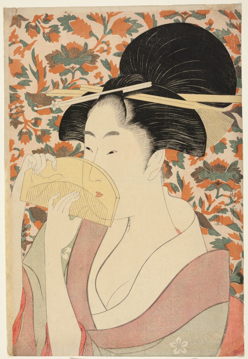 Kvinde der holder en skildpaddeskal hårkam af Kitagawa Utamaro