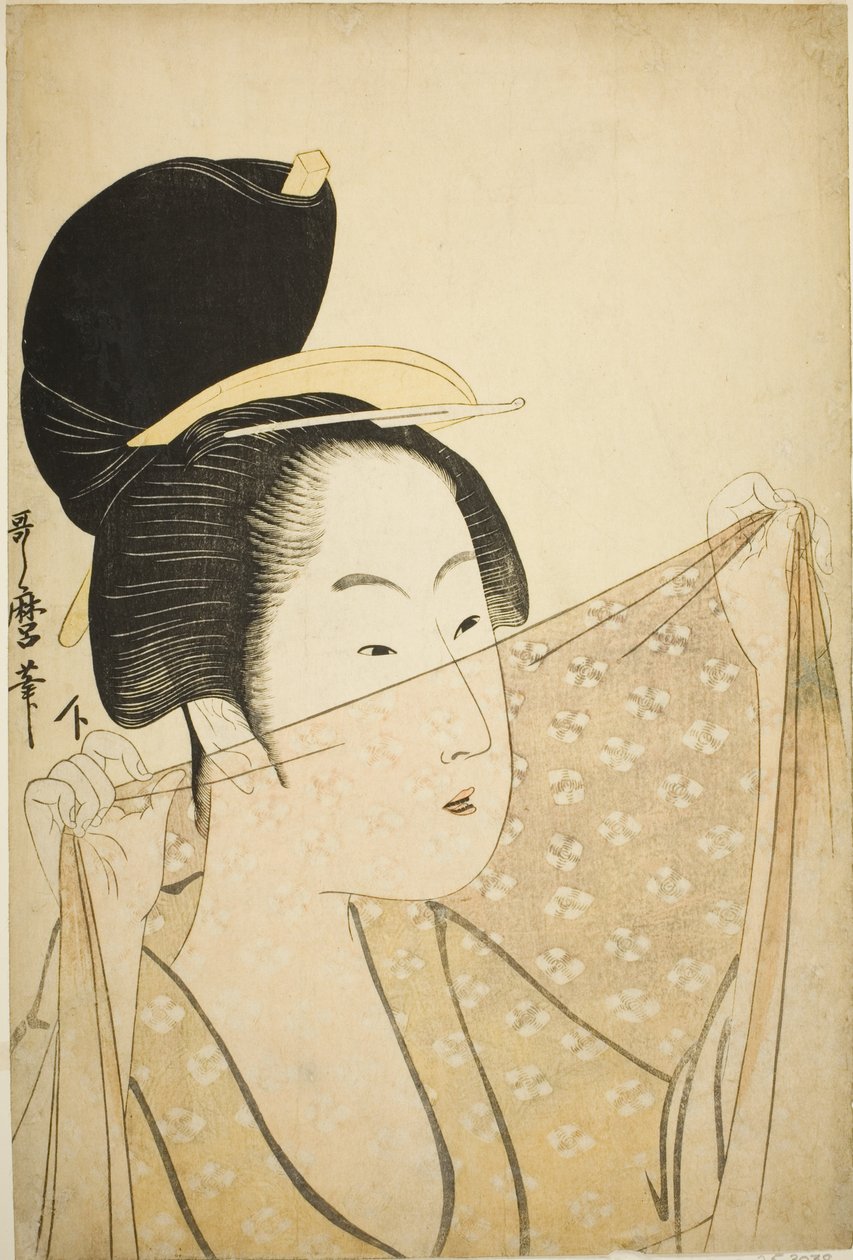 Kvinde holder et stykke stof op (Nuno o kazasu onna) af Kitagawa Utamaro