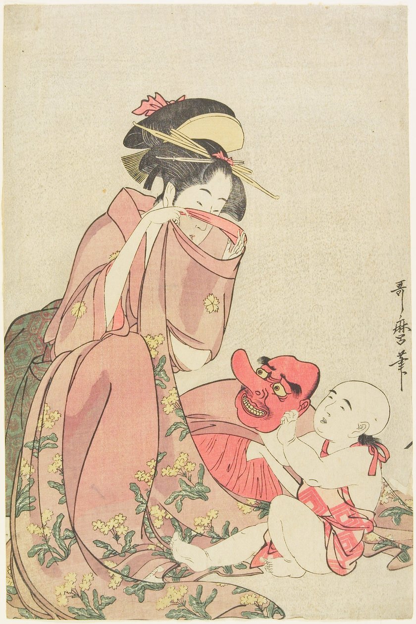 Kvinde, der leger med et barn iført en tengu-maske af Kitagawa Utamaro