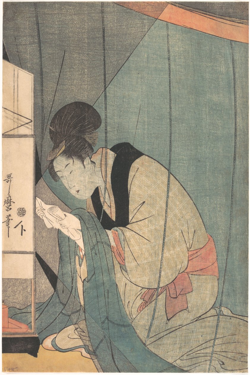 Kvinde, der læser et brev under et myggenet af Kitagawa Utamaro