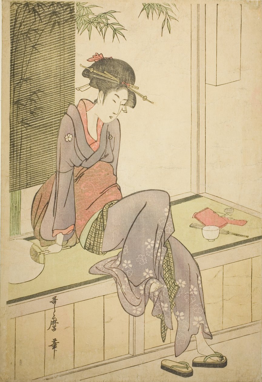 Kvinde sidder på verandaen af Kitagawa Utamaro