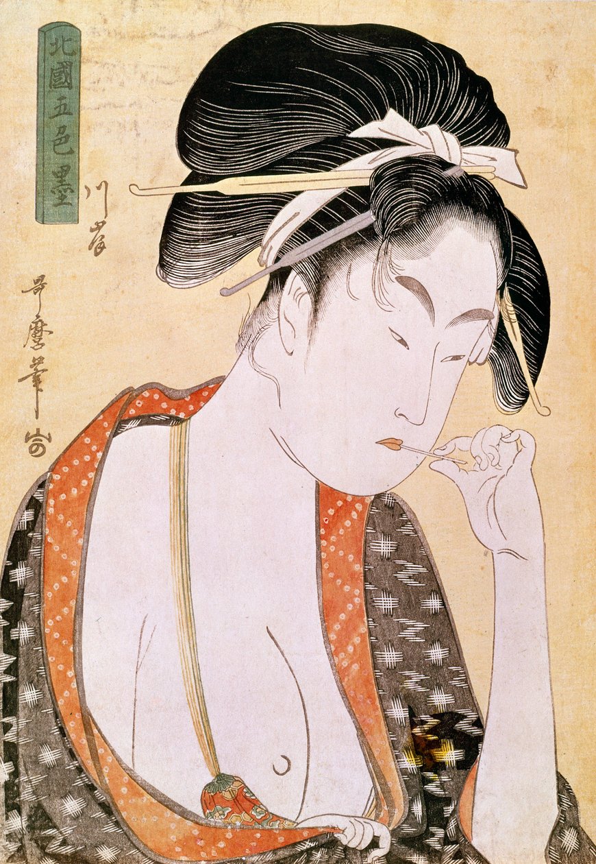 Kvinde, der har lyst til læberne Japansk print af Utamaro Kitagawa (1753-1806). 1700-tallet. Paris, Guimet Museum, Asian Arts Museum af Kitagawa Utamaro