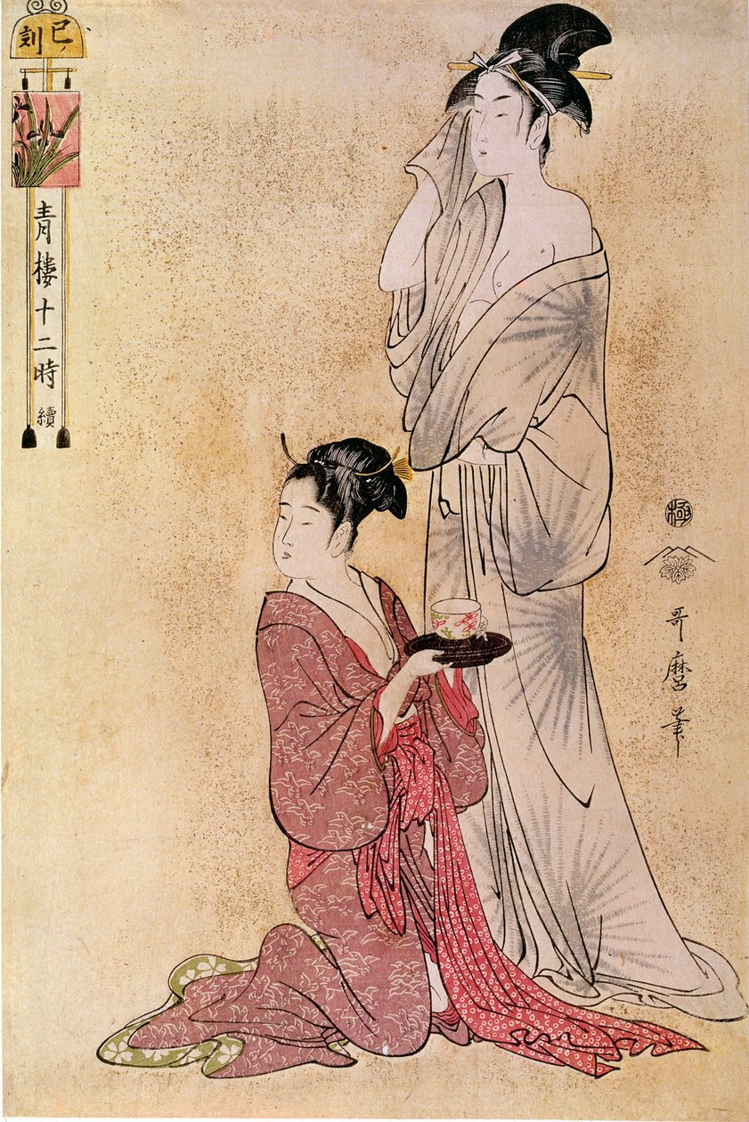 Kvinden får sit toilet hjulpet af sin tjenestepige japansk print af Utamaro Kitagawa (1753-1806). 1700-tallet. Paris, Guimet Museum, Asian Arts Museum af Kitagawa Utamaro
