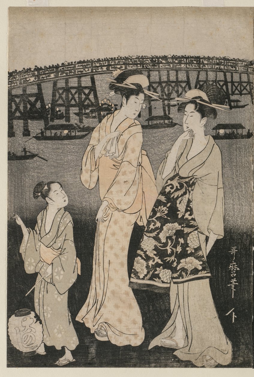Kvinder nyder den kølige aften nær Ryogoku-broen af Kitagawa Utamaro