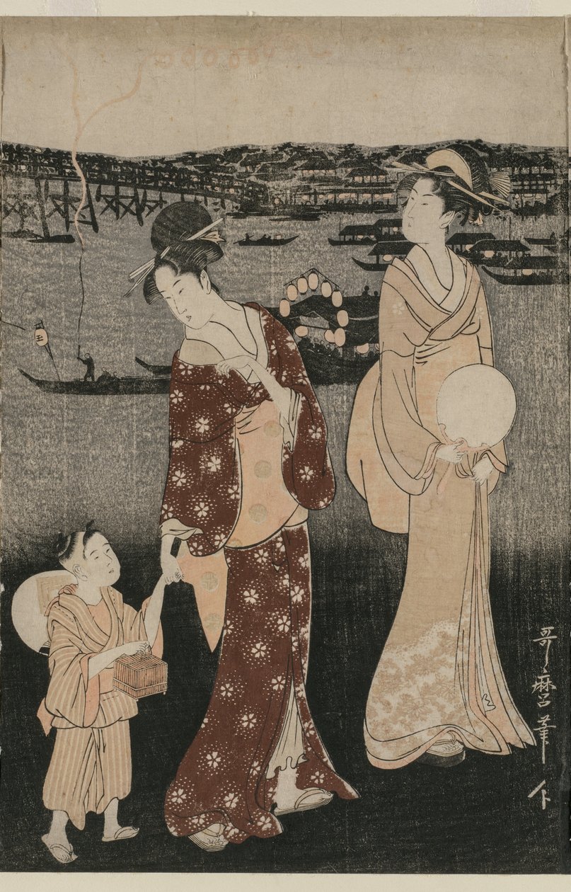 Kvinder nyder den kølige aften nær Ryogoku-broen af Kitagawa Utamaro