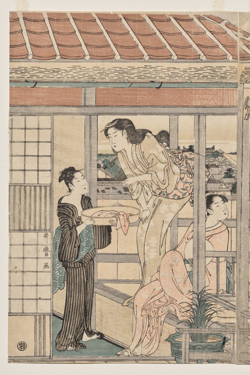 Kvinder hænger vasketøj til tørre på en balkon af Kitagawa Utamaro