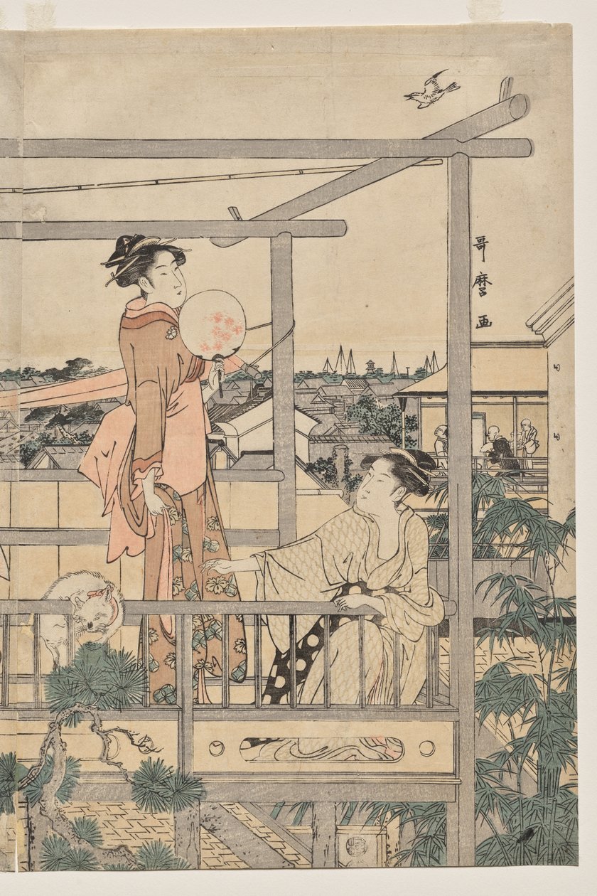 Kvinder hænger vasketøj til tørre på en balkon af Kitagawa Utamaro