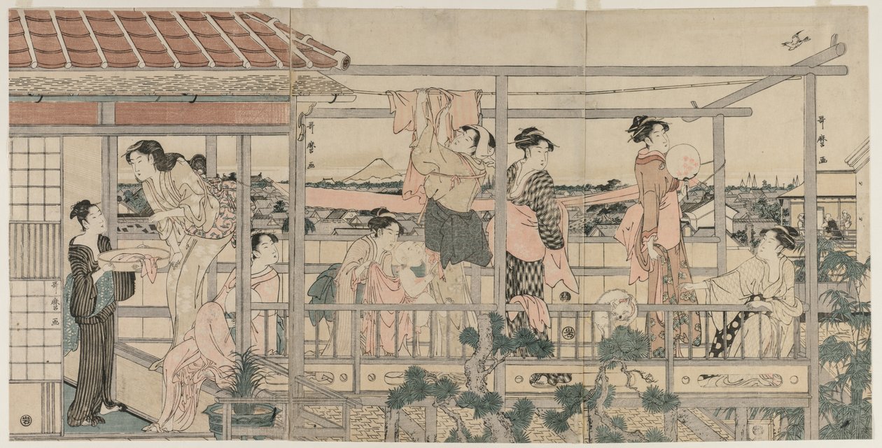 Kvinder hænger vasketøj til tørre på en balkon af Kitagawa Utamaro