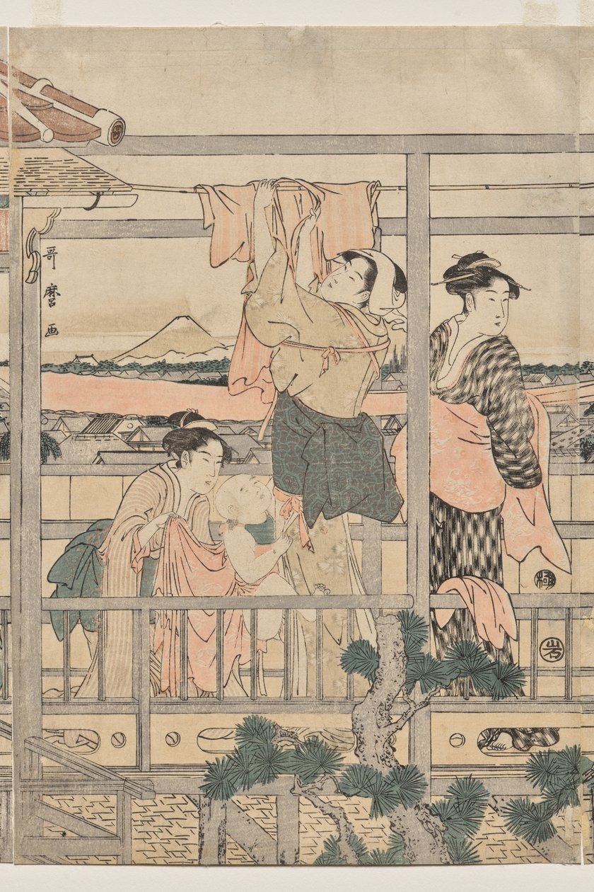 Kvinder hænger vasketøj til tørre på en balkon af Kitagawa Utamaro