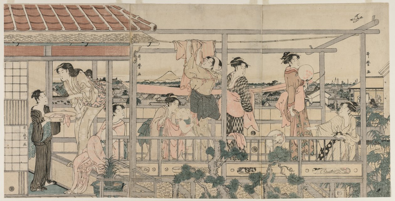 Kvinder, der hænger vasketøj til tørre på en balkon, begyndelsen af 1790