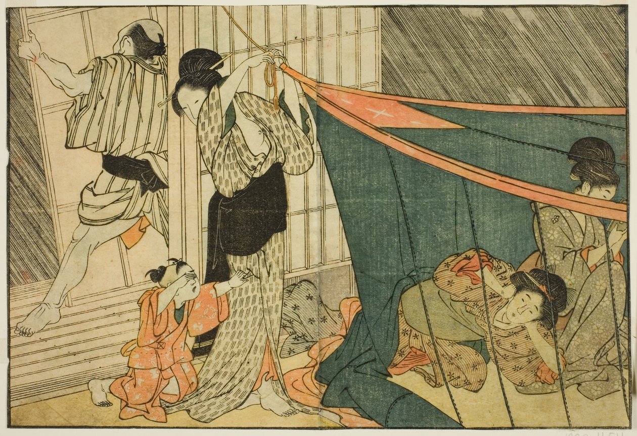 Kvinder inde i et myggenet under et tordenvejr, fra den illustrerede bog "Picture Book: Flowers of the Four Seasons (Ehon shiki no hana)," vol. 1 af Kitagawa Utamaro