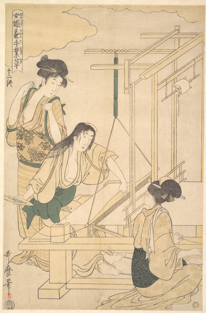 Kvinder, der væver silkestof af Kitagawa Utamaro