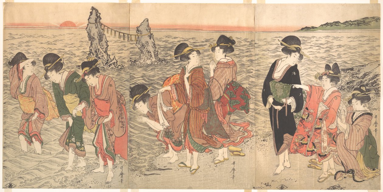 Kvinder, der tilbeder den opgående sol mellem tvillingeklipperne ved Ise af Kitagawa Utamaro
