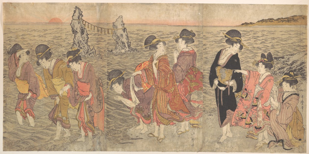 Kvinder, der tilbeder den opgående sol mellem tvillingeklipperne ved Ise af Kitagawa Utamaro