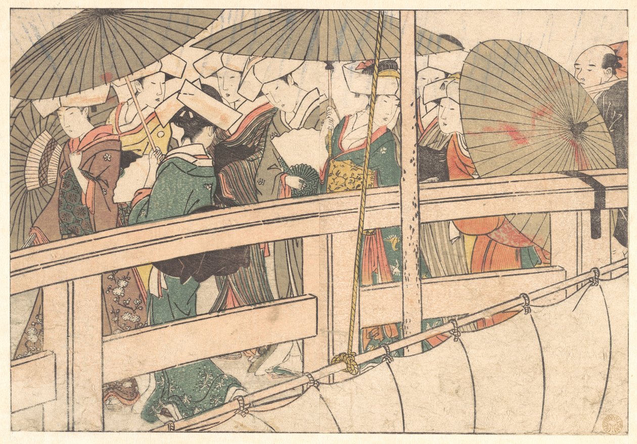 Kvinder på en bro, fra den illustrerede bog Blomster fra de fire årstider af Kitagawa Utamaro