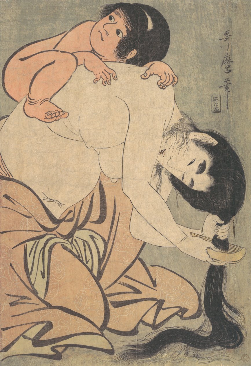 Yamauba kæmmer sit hår, og Kintoki, ca. 1801. af Kitagawa Utamaro