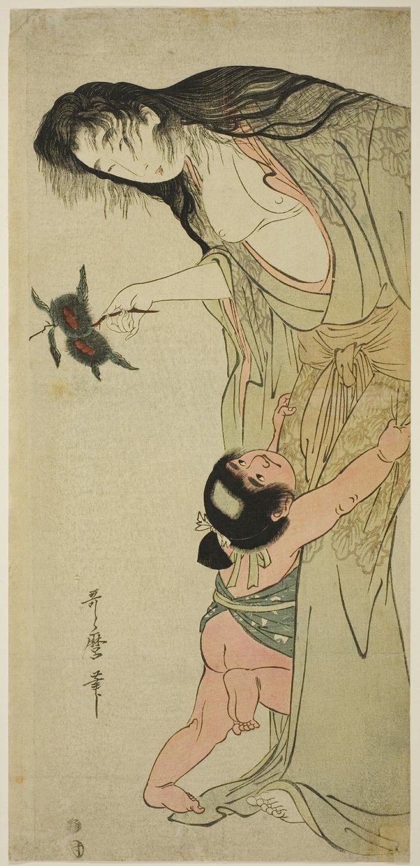 Yamauba holder kastanjer, mens Kintaro rækker ud efter dem af Kitagawa Utamaro