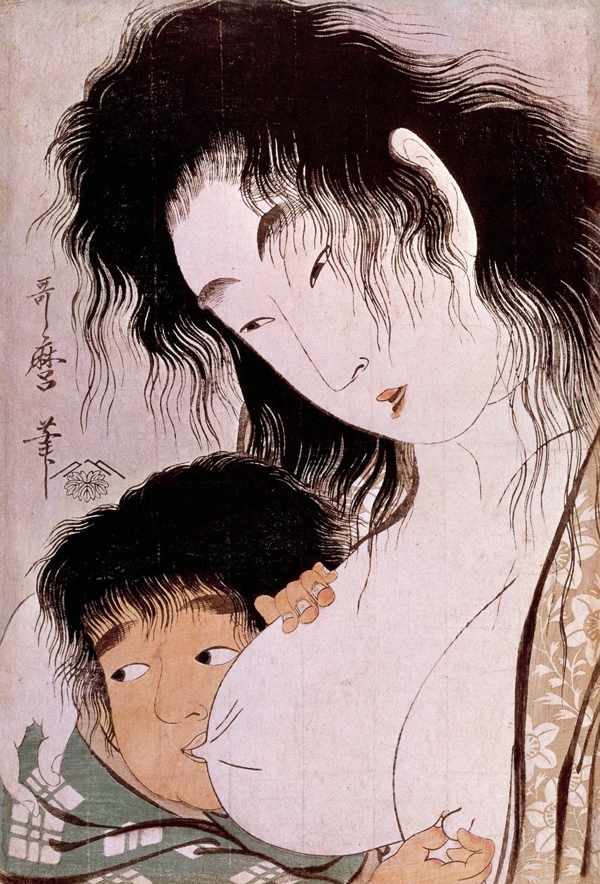Yamauba og Kintaro: Det gamle japanske tryk af Utamaro Kitagawa (1753-1806). Sol. 0,37x0,25 m. 1801-1803. Paris, Guimet-museet, Nationalmuseet for asiatisk kunst af Kitagawa Utamaro