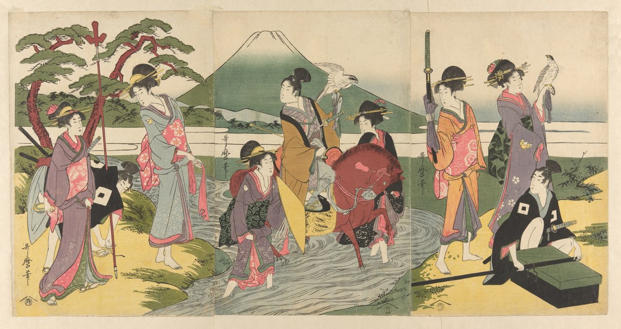Ung mand og hans gruppe krydser et vandløb før Fuji-bjerget af Kitagawa Utamaro