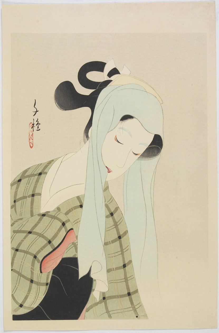 Ochiyo fra Chikamatsu Vil du spille Shinj? yoi g?shin, tidligt i det 20. århundrede (træbloktryk i farver) af Kitani Chigusa Kitani Chigusa