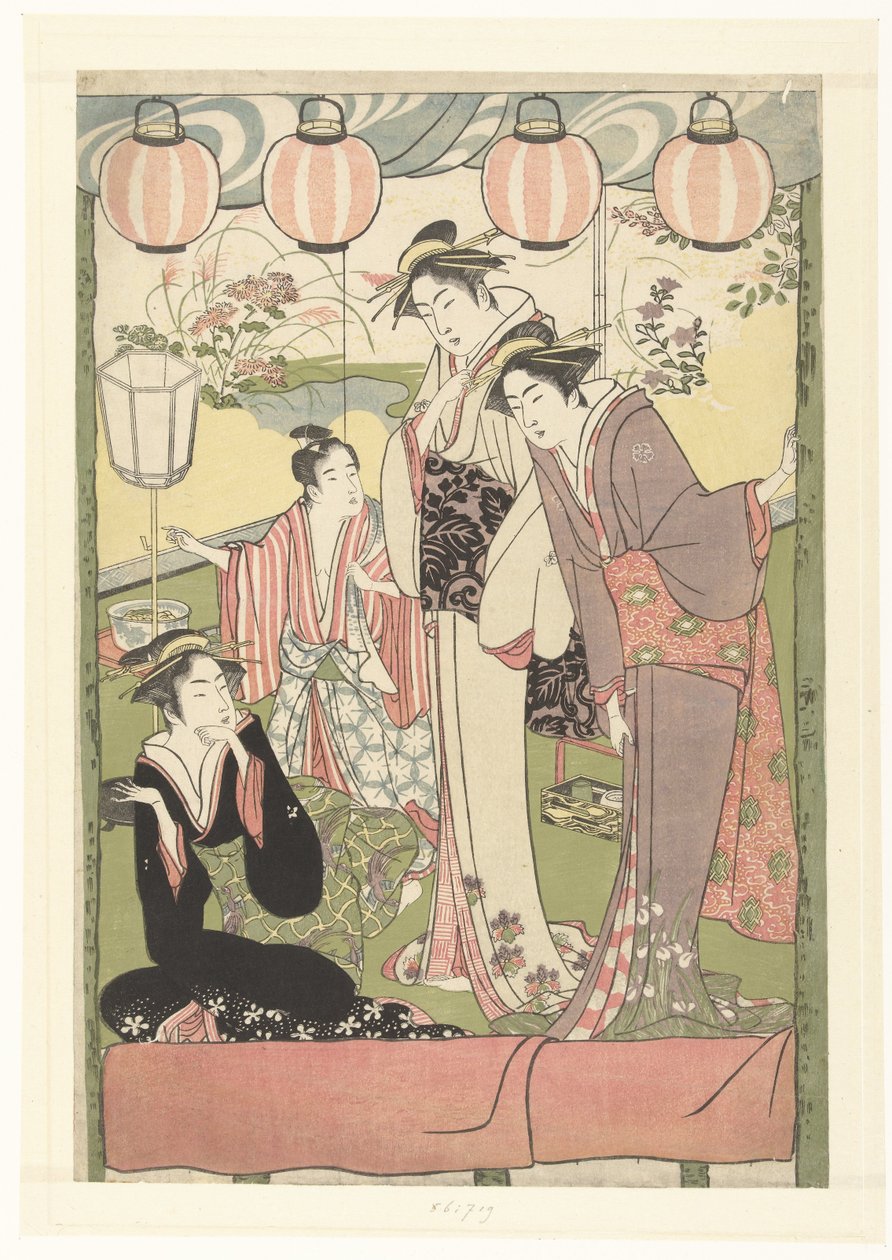 Tre kvinder og en dreng under lanterner af Kitao Masanobu (attributed to)