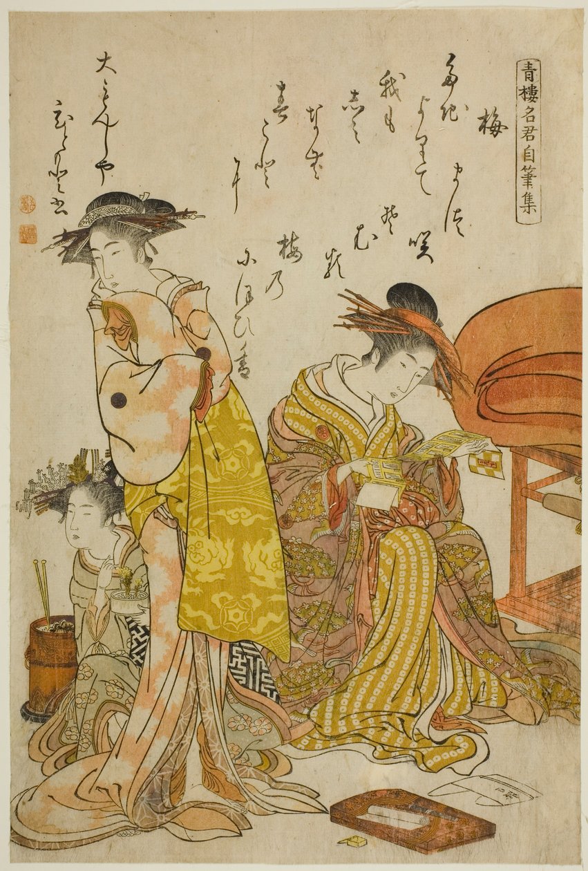 The Courtesan Hitomoto of the Daimonjiya, fra albummet "Comparing New Beauties of the Yoshiwara - A Mirror of Their Own Writings (Keisei shin bijin awase jikihitsu kagami)" af Kitao Masanobu