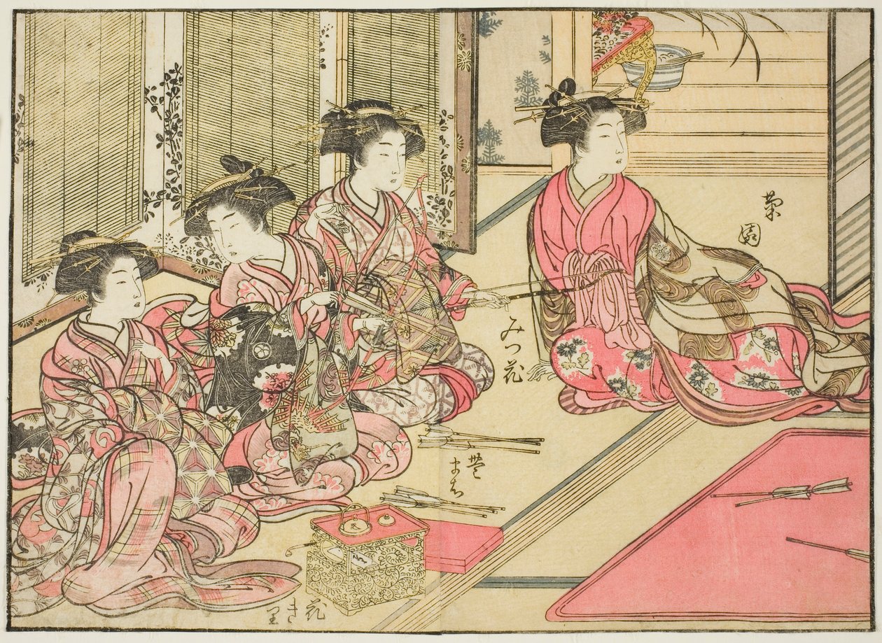 Kurtisaner fra Kiriya, fra bogen "Mirror of Beautiful Women of the Pleasure Quarters (Seiro bijin awase sugata kagami)," vol. 2 af Kitao Shigemasa