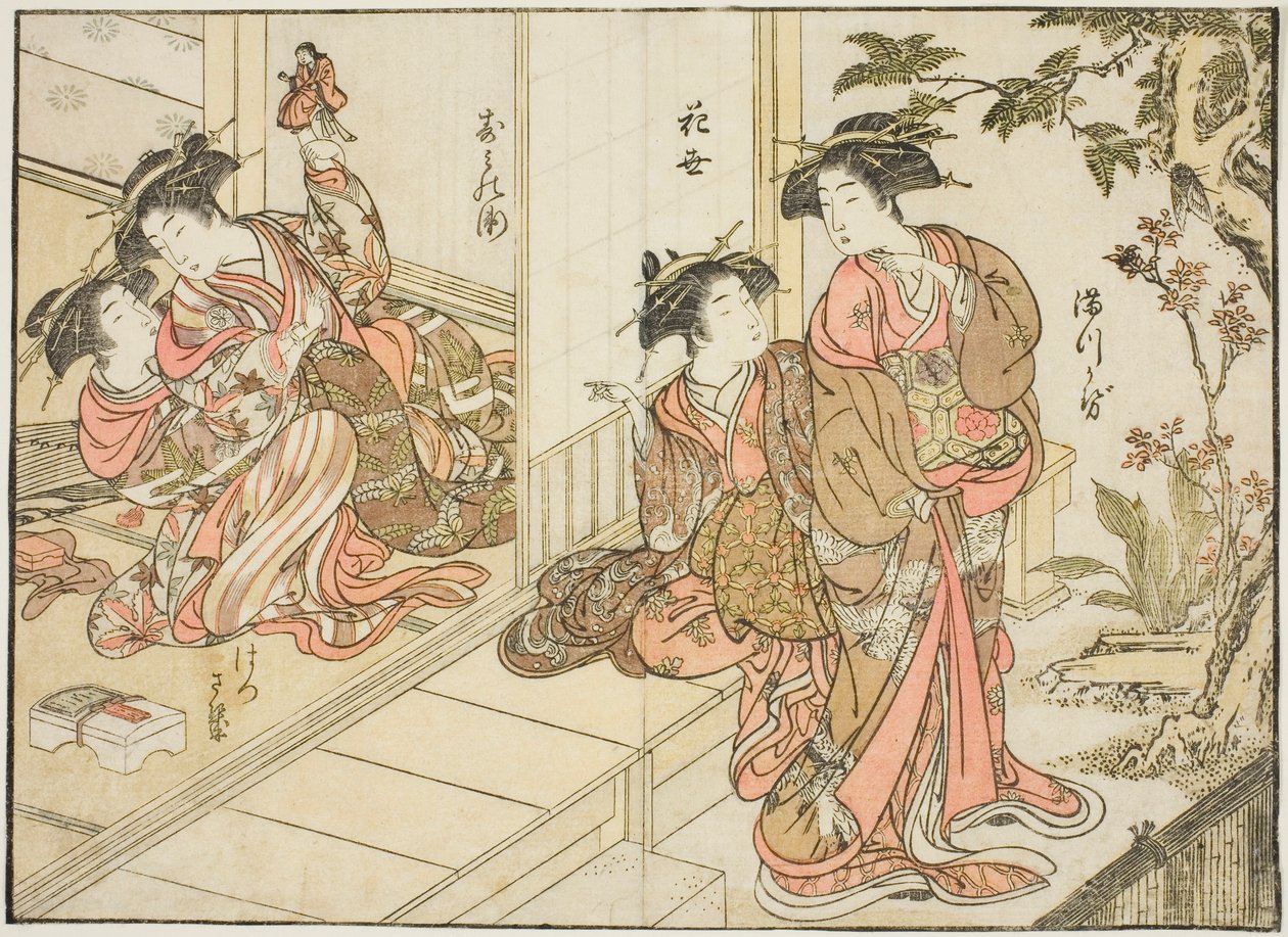 Courtesans of Maruebiya, fra bogen "Mirror of Beautiful Women of the Pleasure Quarters (Seiro bijin awase sugata kagami)," vol. 2 af Kitao Shigemasa