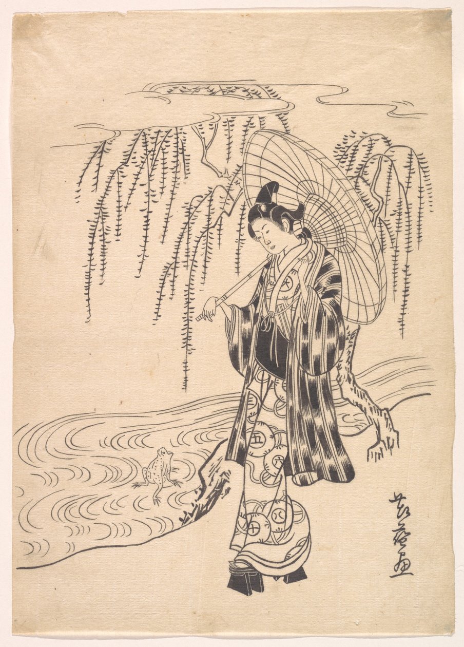 Ono no Dofu som ung mand, der ser en frø springe mod en pilegren af Kitao Shigemasa