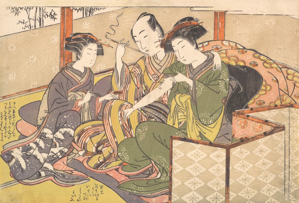 Tjener, der anvender medicin på Geishas arm, slutningen af det 18. århundrede. af Kitao Shigemasa