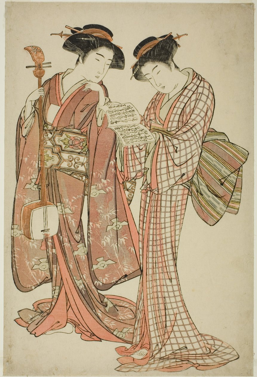 To Geisha Holder en Shamisen og en Sangbog af Kitao Shigemasa
