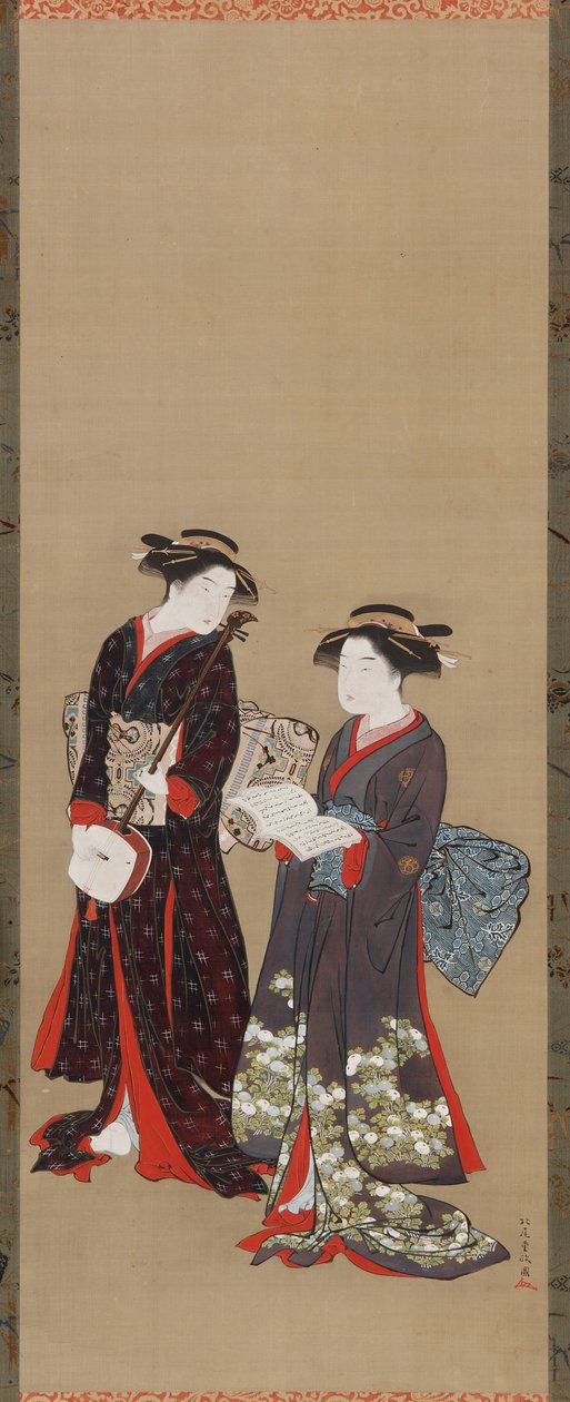 To piger stående, den ene med en åben bog, 1615-1868. af Kitao Shigemasa