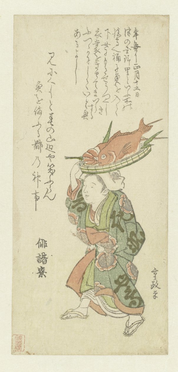 Kvinde, der bærer en bakke med fisk på hovedet af Kitao Shigemasa