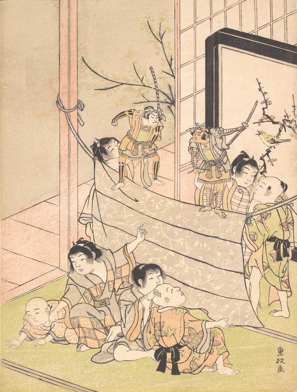 Unge drenge opfører et dukketeater, ca. 1770. af Kitao Shigemasa