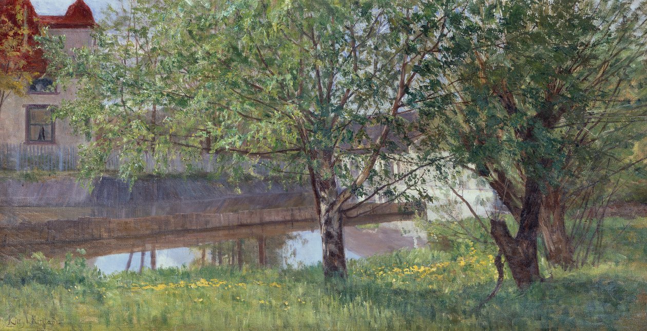 Kanalafsnit med hus og træer af Kitty Lange Kielland
