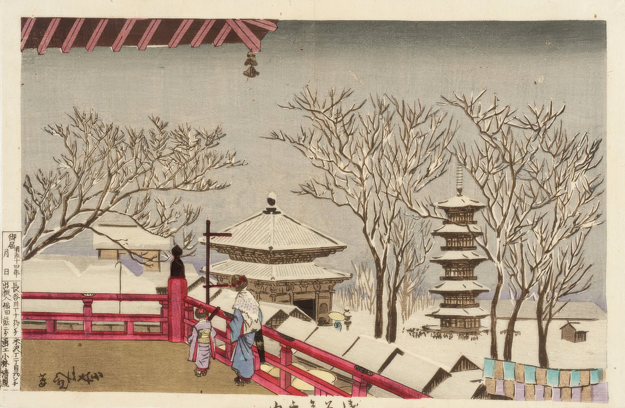 Sensoji-templet i sneen af Kiyochika Kobayashi