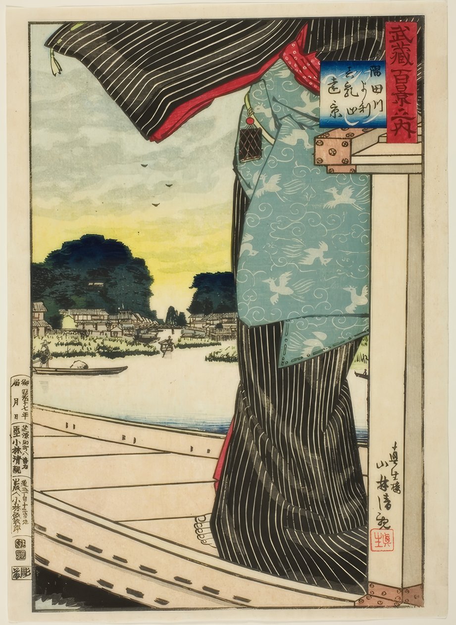 Fjernsyn over Matsuchi Hill set fra Sumida-floden (Sumidagawa yori Matsuchiyama enkei) fra serien "A Hundred Views of Musashi Province (Musashi hyakkei no uchi)" af Kiyochika Kobayashi