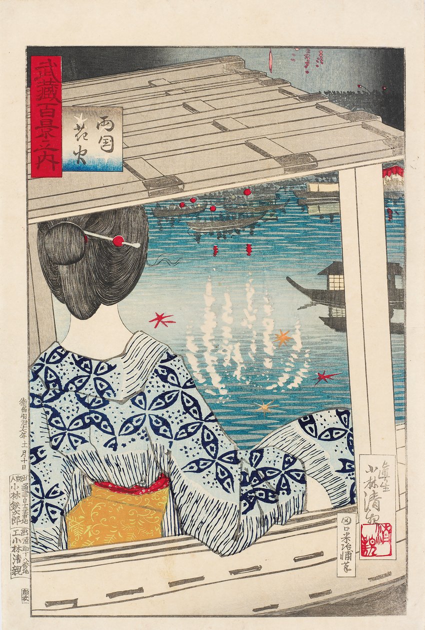 Fyrværkeri ved Ryogoku-broen af Kiyochika Kobayashi